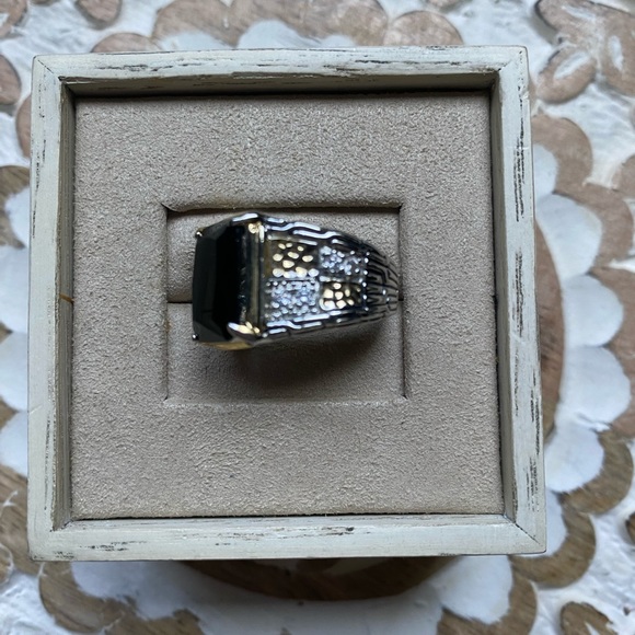Silver and Gold tone Ring with Black Stone - Picture 2 of 3